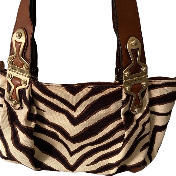 Vintage Michael Kors Zebra Print Bag Leather Canvas Brass/Gold Exterior Hardware - Picture 6 of 12